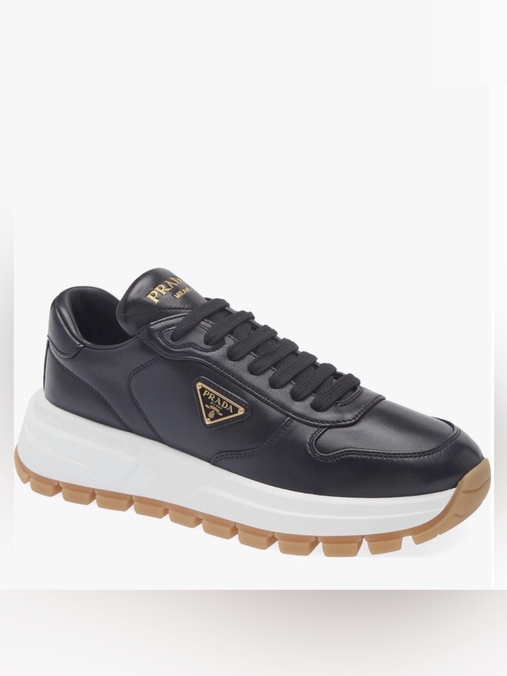 Prada Prax 01 Black Leather Low-Top Sneaker with Gold Logo and White Midsole